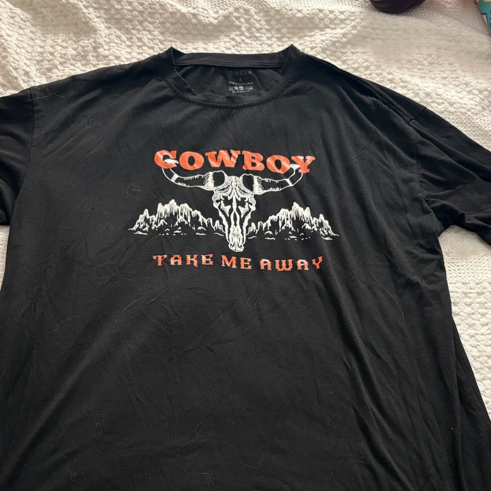 SHEIN Black Graphic Tee with Orange & White Cowboy Design